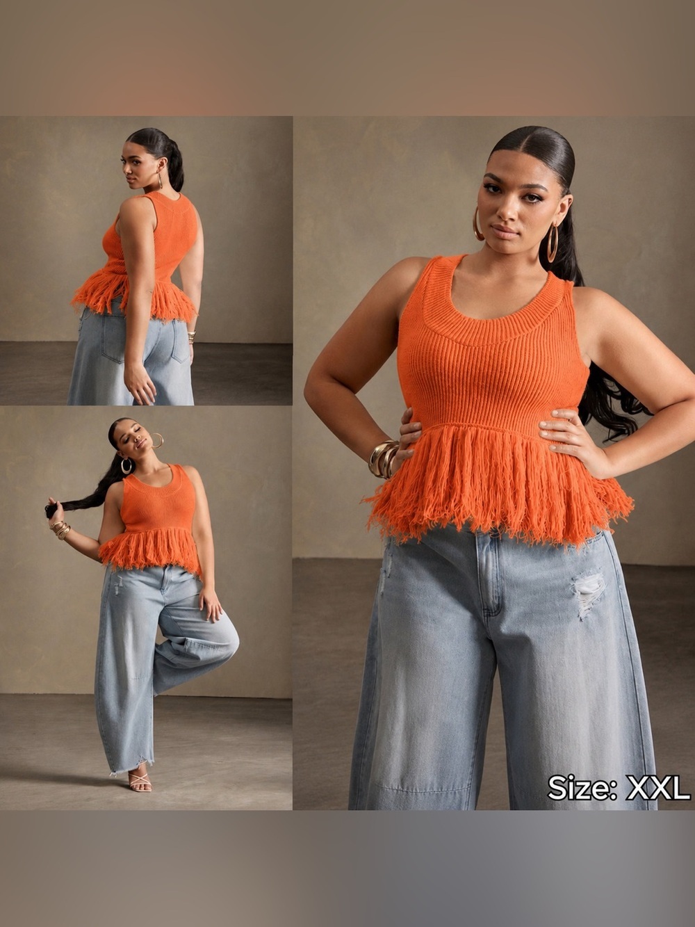Braid Vixey Fringe Knit Tank Top Orange XXL BNWOT Sleeveless Ribbed Sweater Top